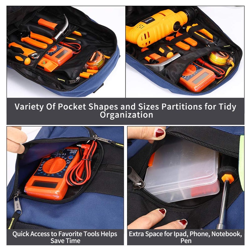 QEES Heavy Duty Tool Backpack, 1680D Oxford Cloth, Electrician's Bag With Durable Handles & Straps - Image 5